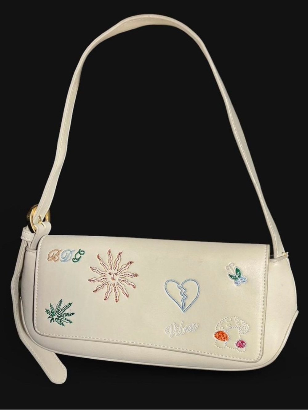 BDG Cream Embroidered Shoulder Bag with Heart & Sun Motifs